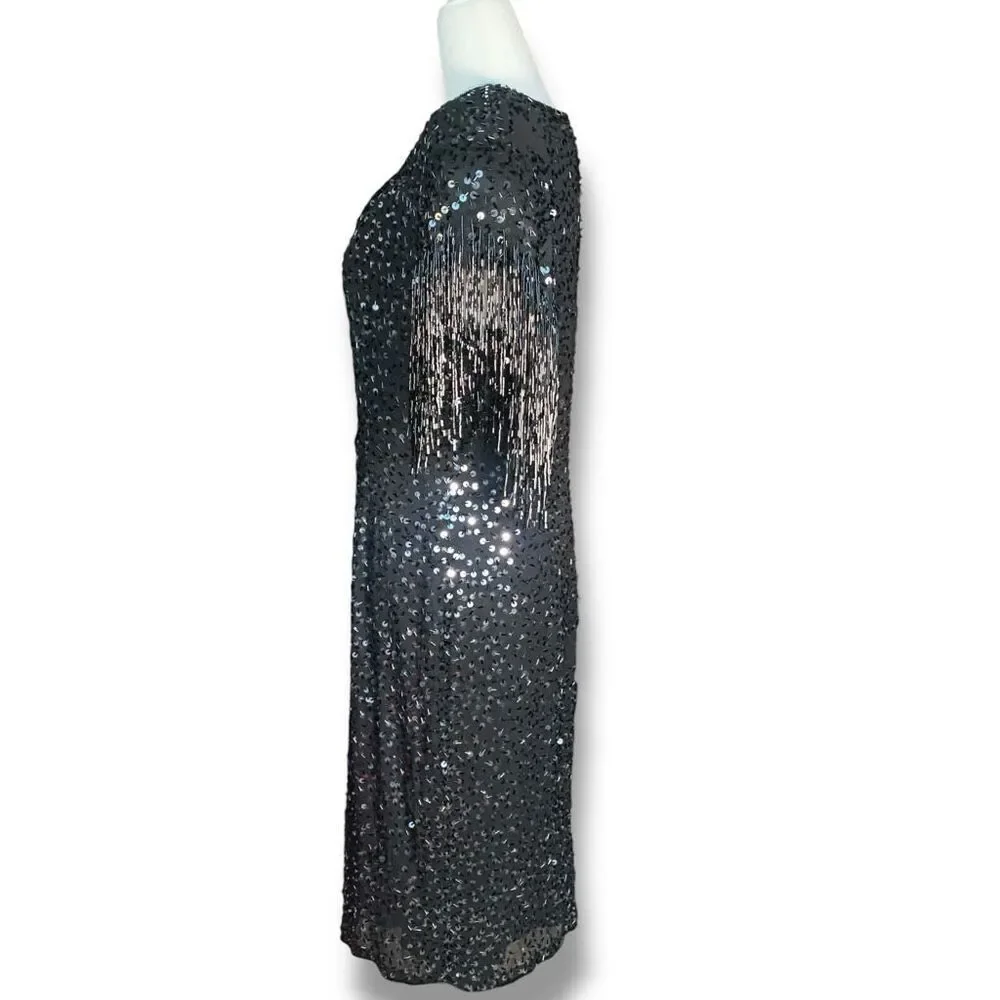 Vintage 80s Cocktail Dress Silk Black Metallic Sequin Fringe Hemmed Sleeve‎ 10